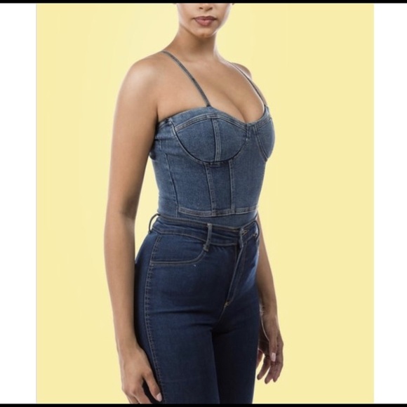 Tops - Denim Stretch Bodysuit with
Zipper back